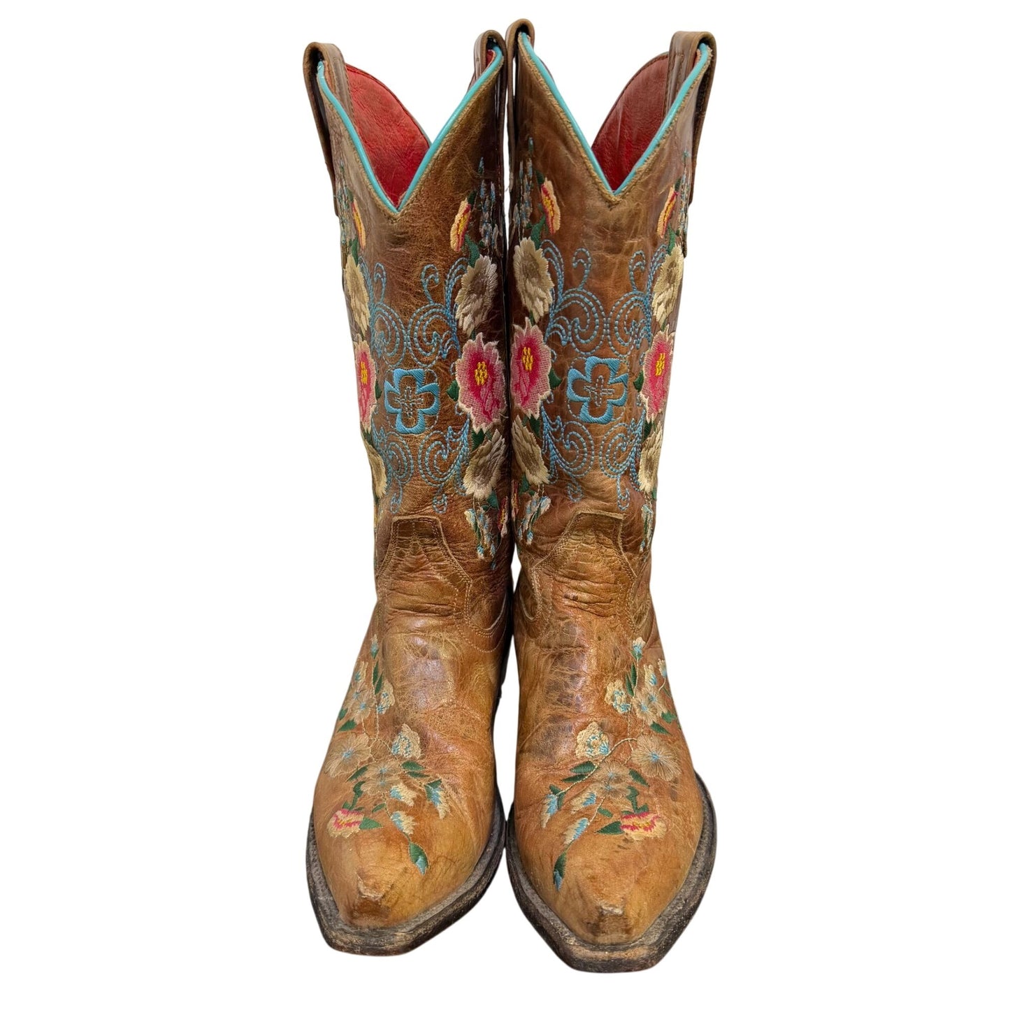 Macie Bean Floral Embroidered Brown Leather Cowboy Boots 6.5