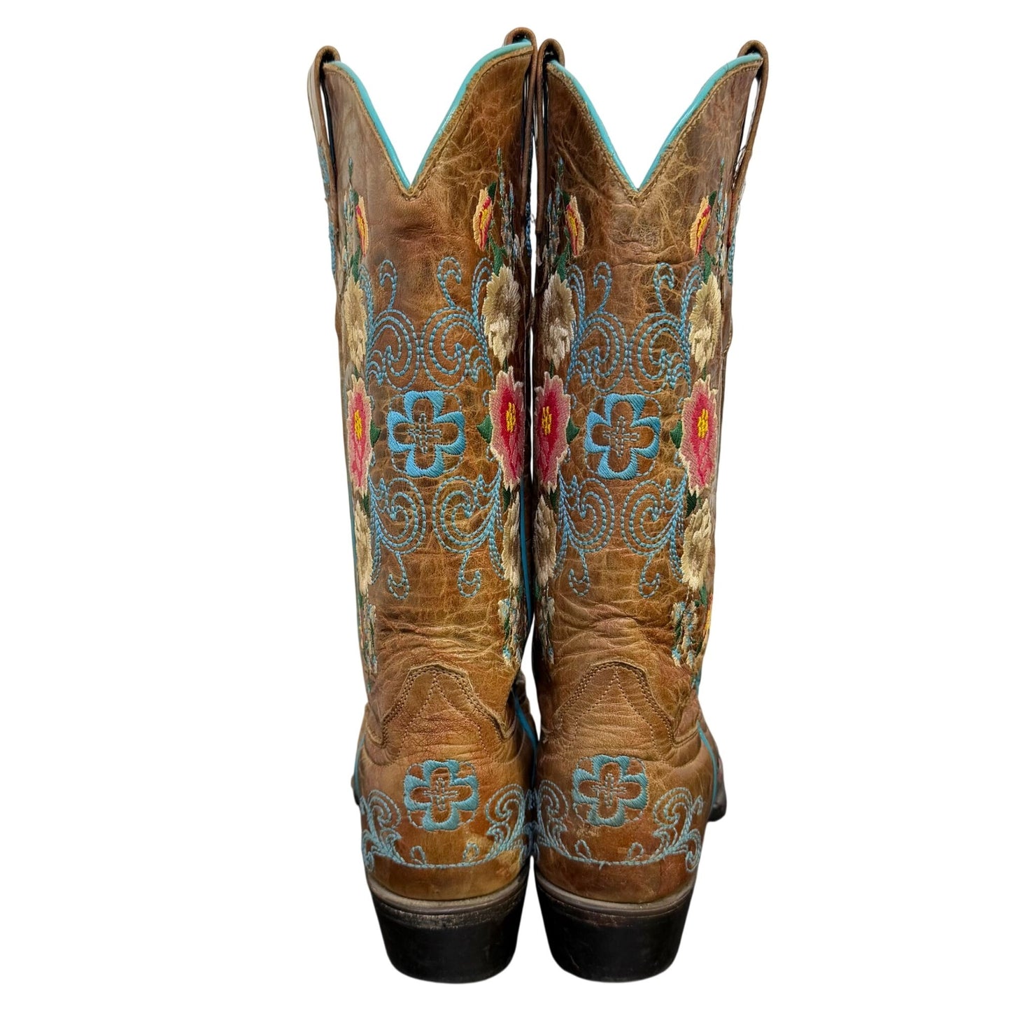 Macie Bean Floral Embroidered Brown Leather Cowboy Boots 6.5