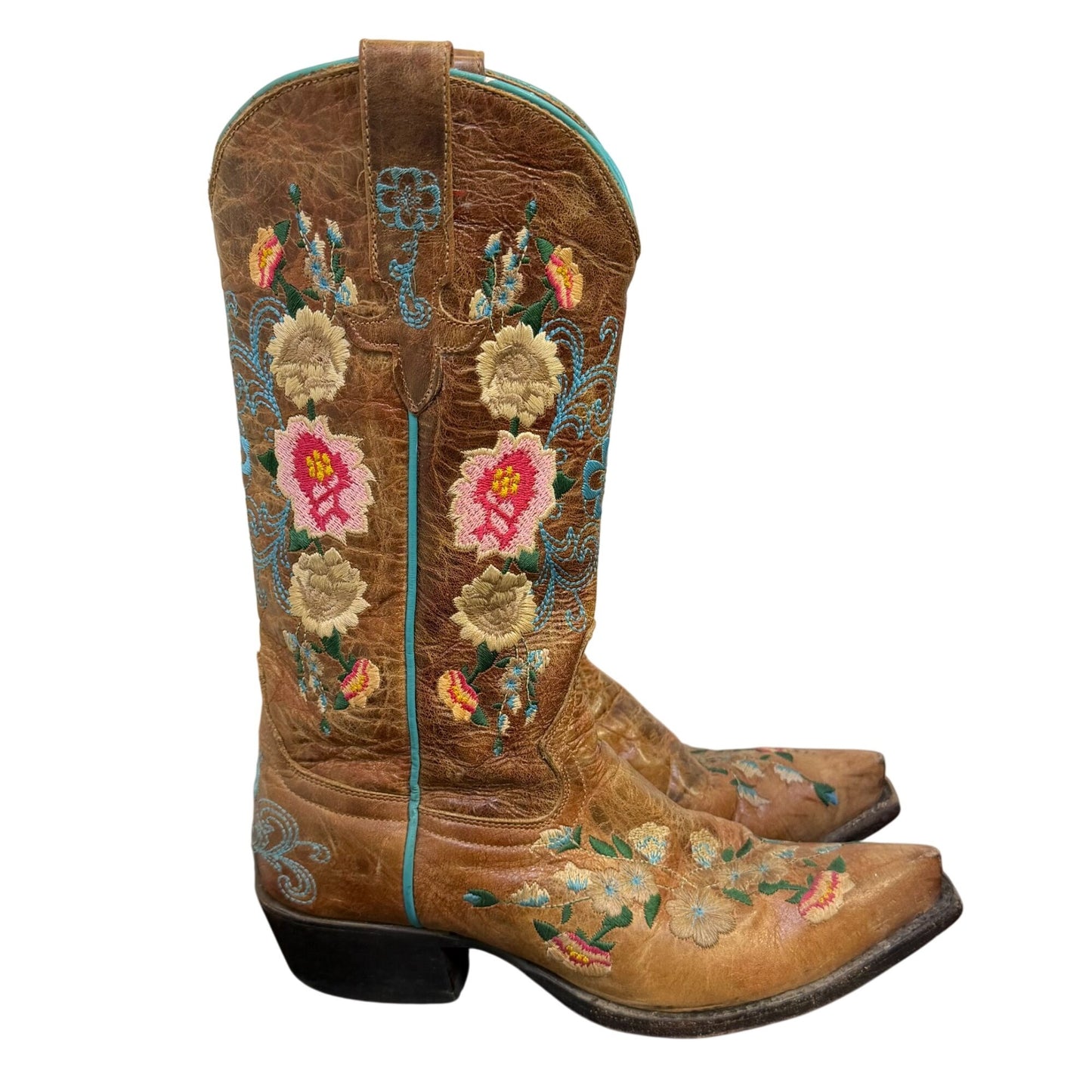 Macie Bean Floral Embroidered Brown Leather Cowboy Boots 6.5