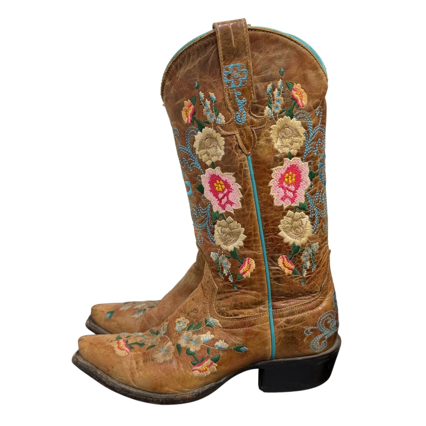 Macie Bean Floral Embroidered Brown Leather Cowboy Boots 6.5