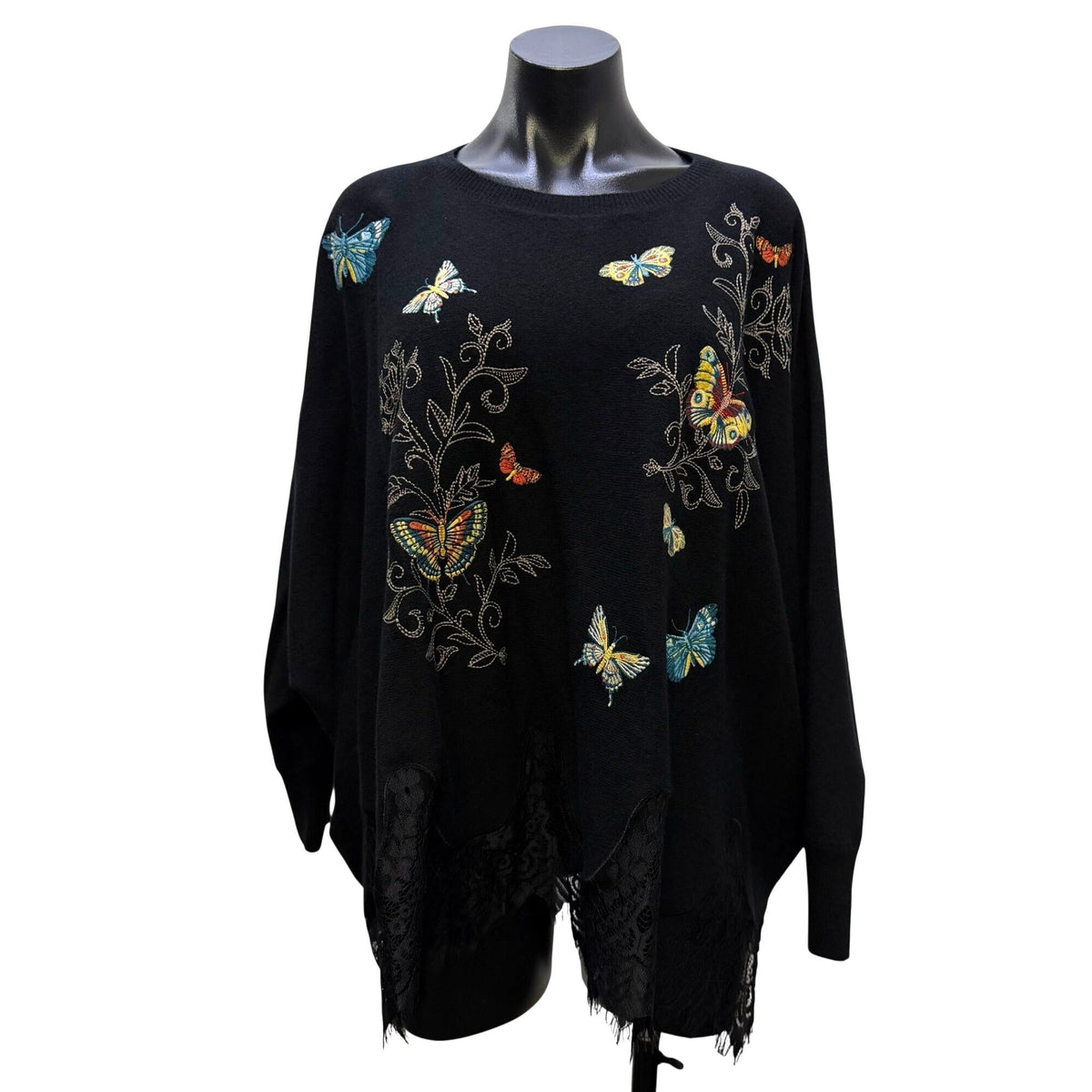Johnny Was Lace Butterfly Pullover Black Multi L/XL