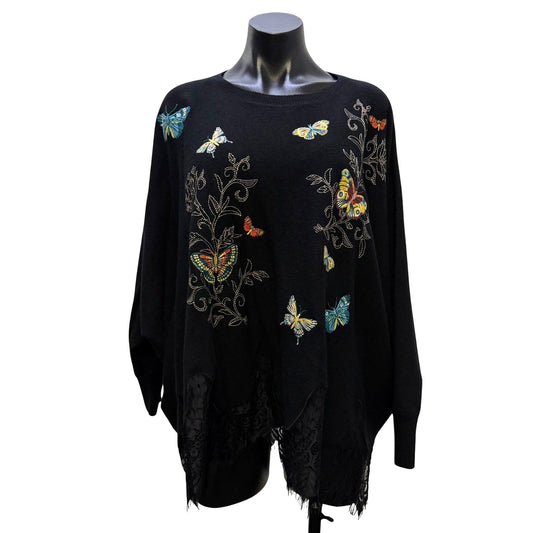Johnny Was Lace Butterfly Pullover Black Multi L/XL