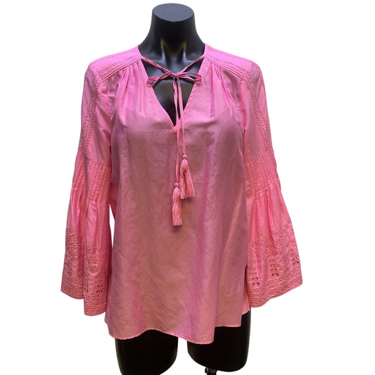 Kobi Halperin Pink Blouse With Embroidered Bell Sleeves, Size Small