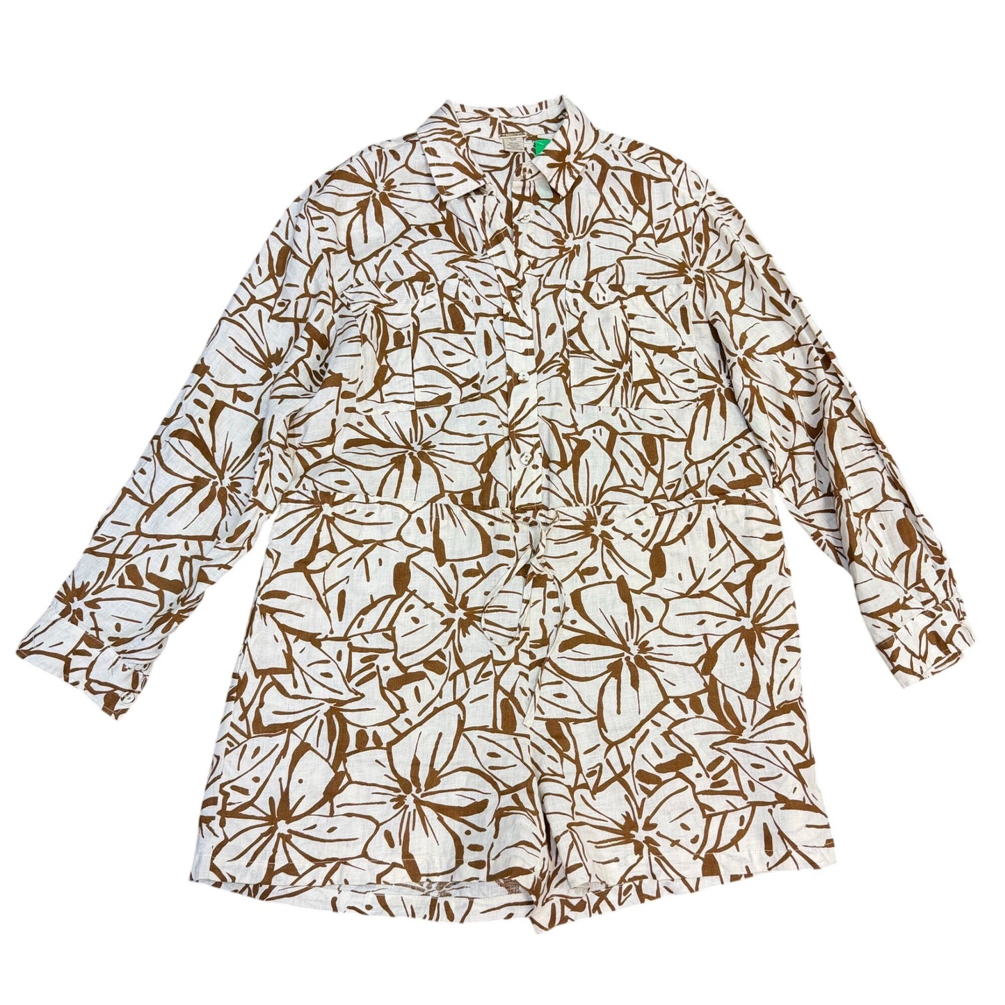 Magaschoni Linen Brown & White Floral Print Long-Sleeve Romper S