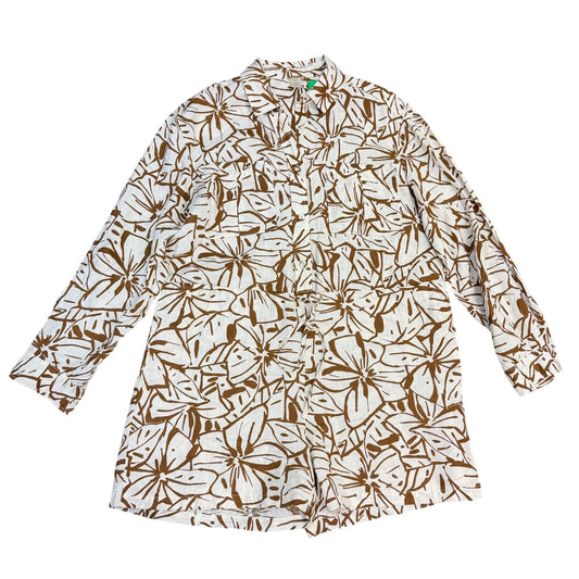 Magaschoni Linen Brown & White Floral Print Long-Sleeve Romper S