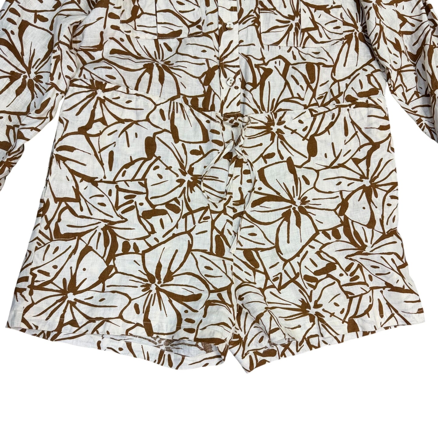 Magaschoni Linen Brown & White Floral Print Long-Sleeve Romper S