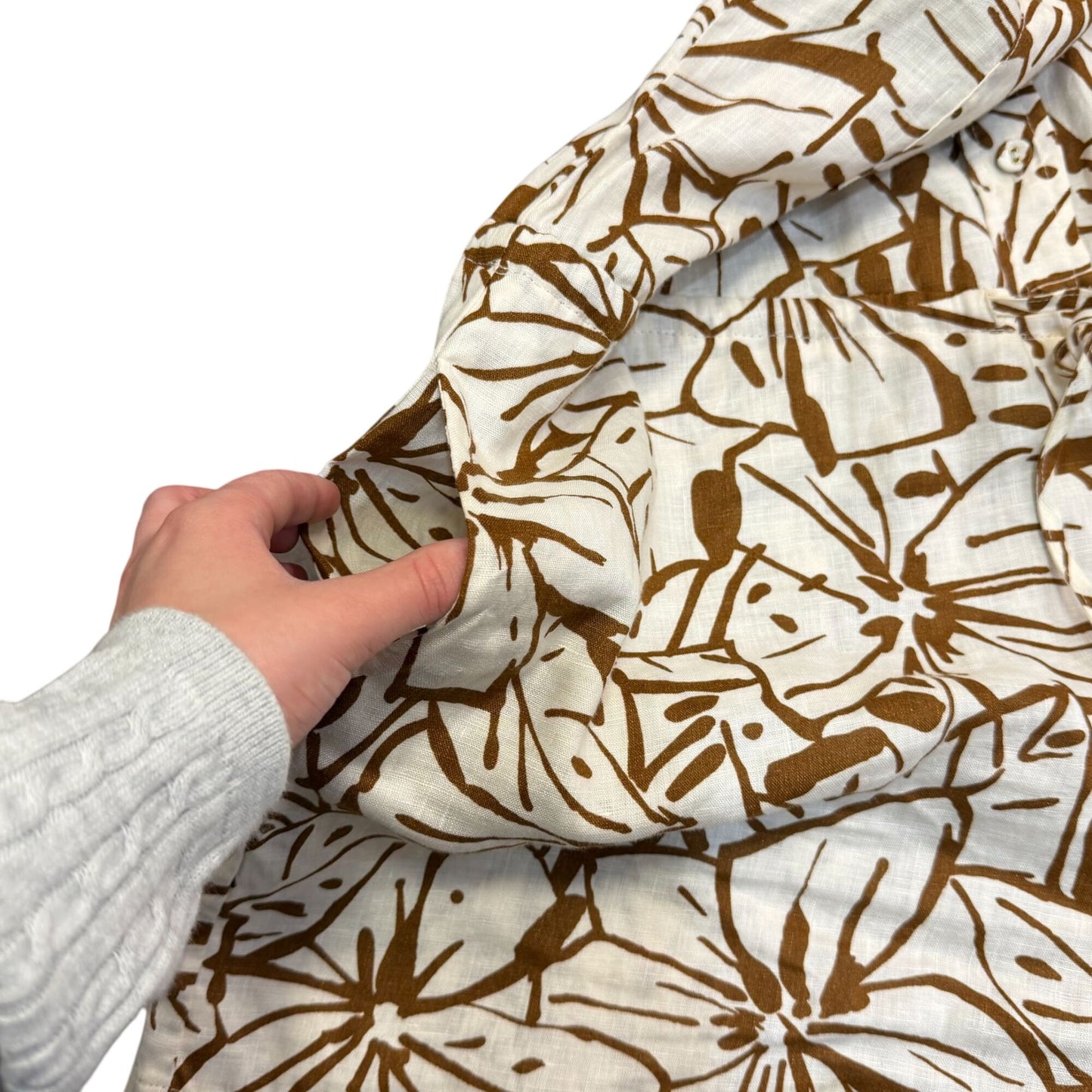 Magaschoni Linen Brown & White Floral Print Long-Sleeve Romper S