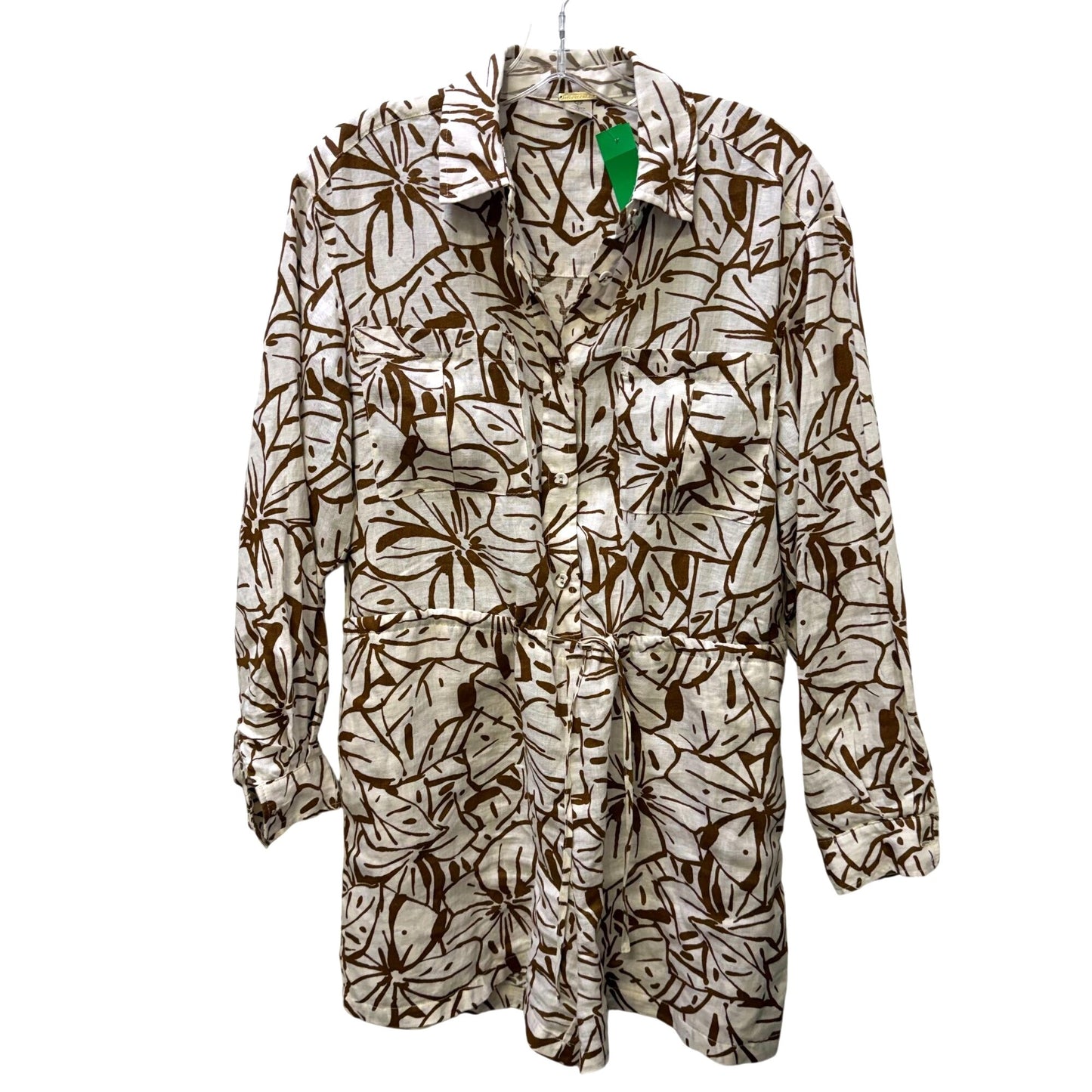 Magaschoni Linen Brown & White Floral Print Long-Sleeve Romper S