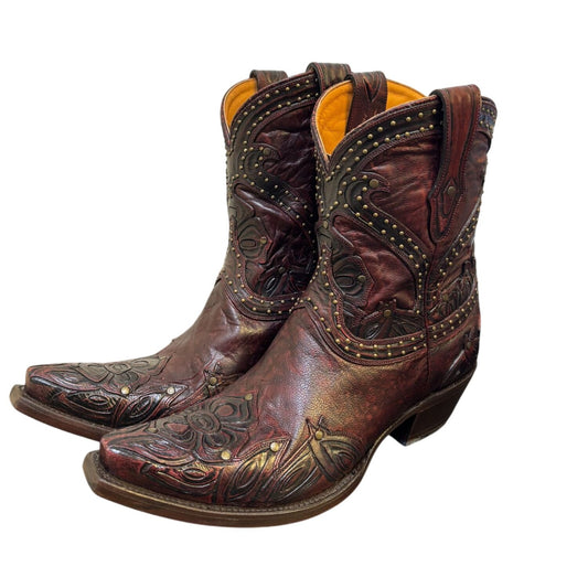 Lucchese Studded Leather Western Boots Red Black 9.5