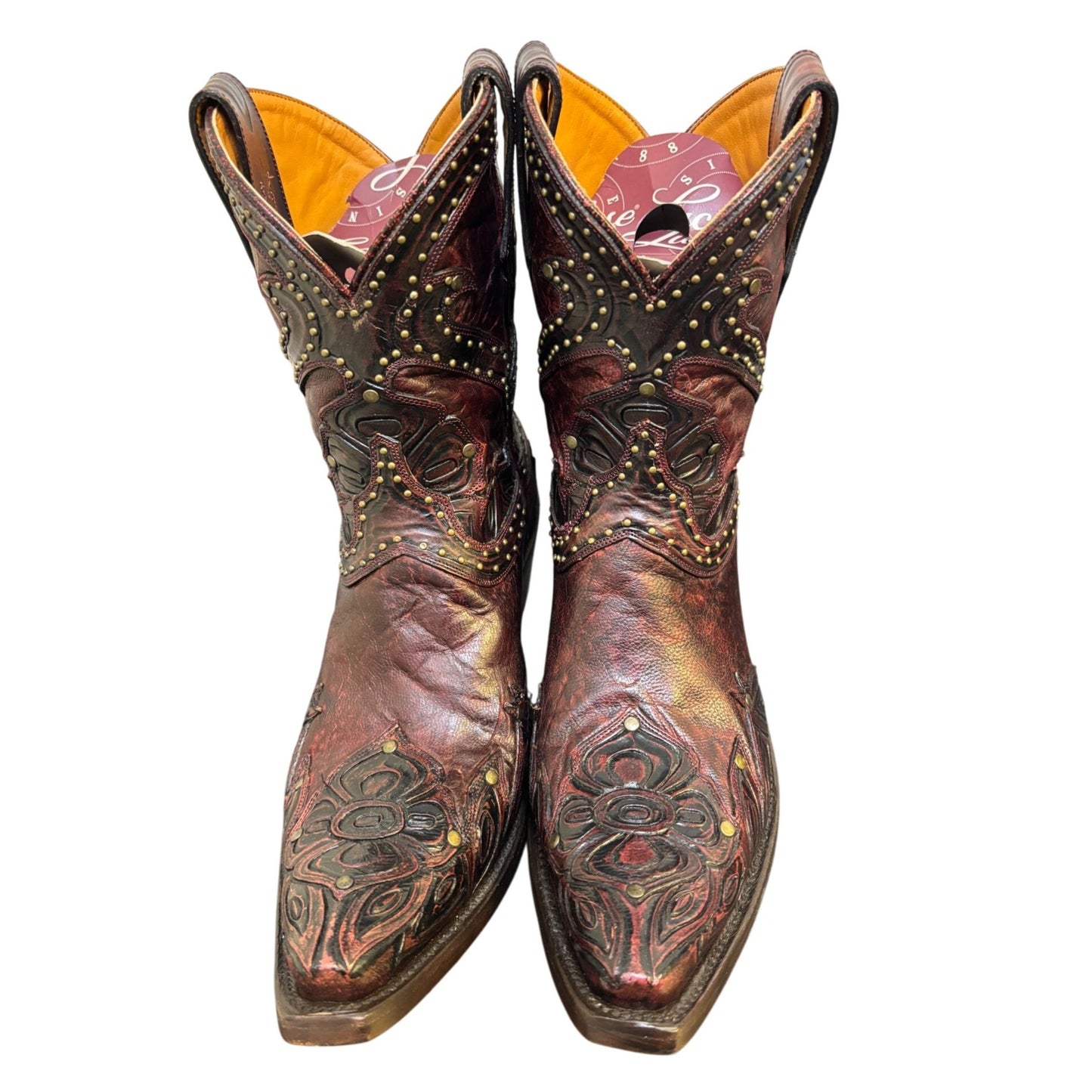 Lucchese Studded Leather Western Boots Red Black 9.5