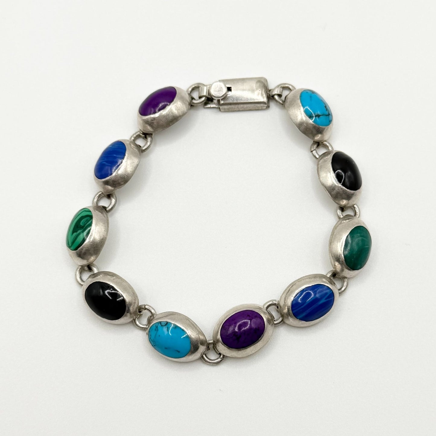 Mexico Multi-Stone 925 Sterling Silver Link Bracelet