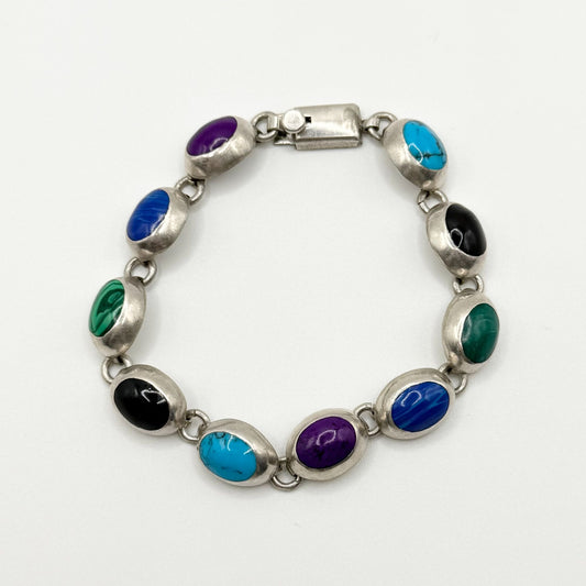 Mexico Multi-Stone 925 Sterling Silver Link Bracelet