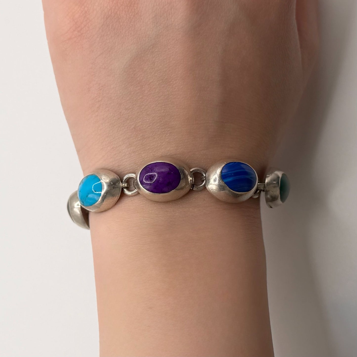 Mexico Multi-Stone 925 Sterling Silver Link Bracelet