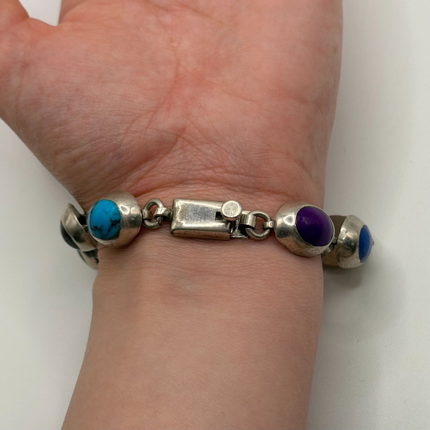 Mexico Multi-Stone 925 Sterling Silver Link Bracelet