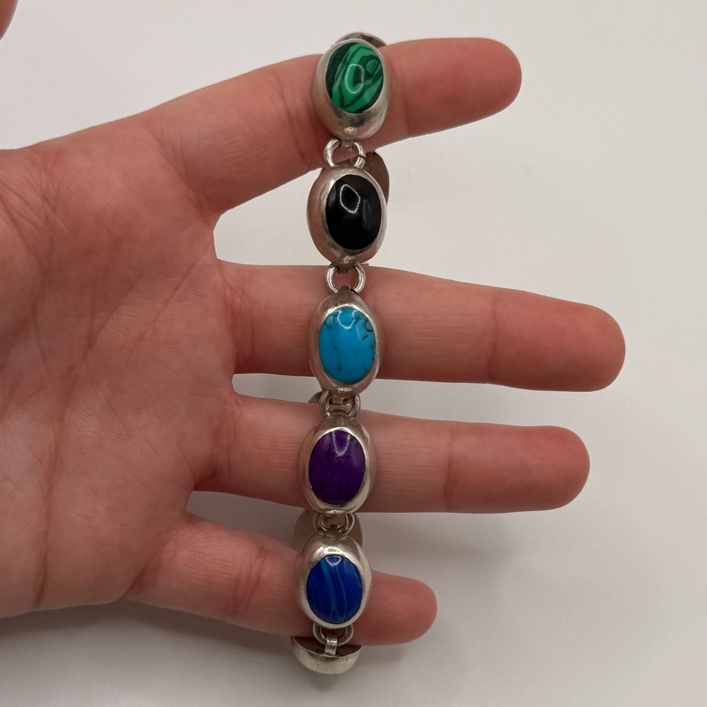 Mexico Multi-Stone 925 Sterling Silver Link Bracelet