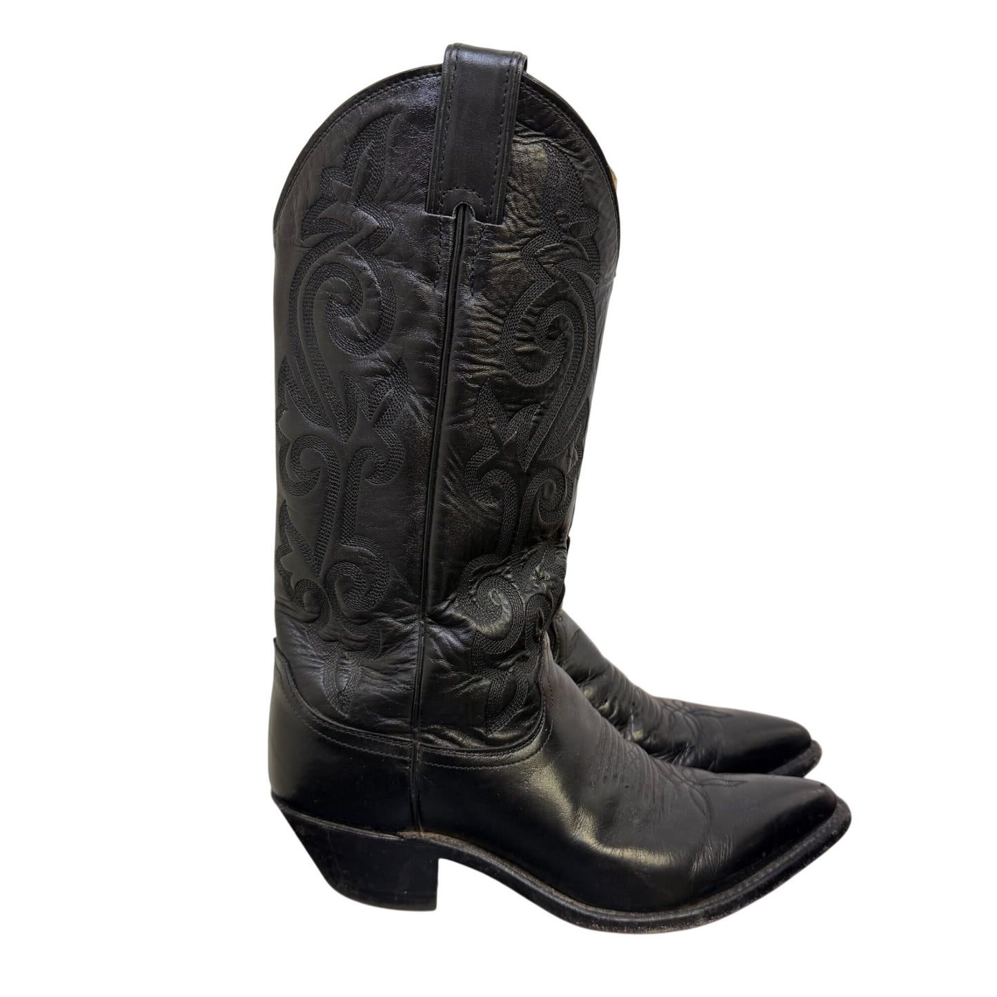 Justin Black Leather Embroidered Western Cowboy Boots Size 7