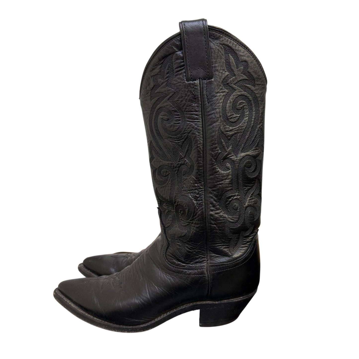 Justin Black Leather Embroidered Western Cowboy Boots Size 7