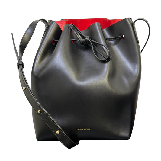 Mansur Gavriel Black Leather Bucket Bag With Red Interior Adjustable Shoulder Strap