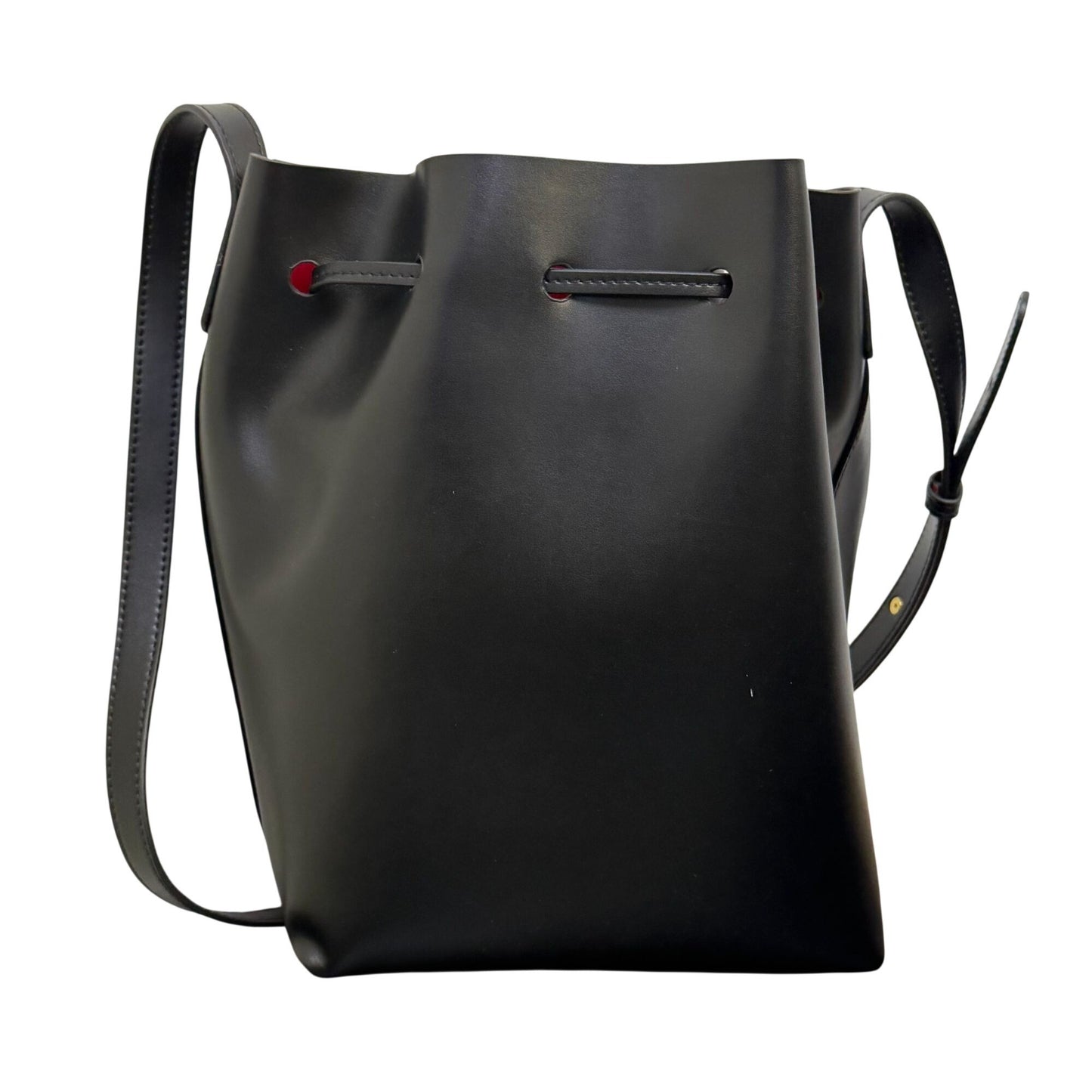 Mansur Gavriel Black Leather Bucket Bag With Red Interior Adjustable Shoulder Strap
