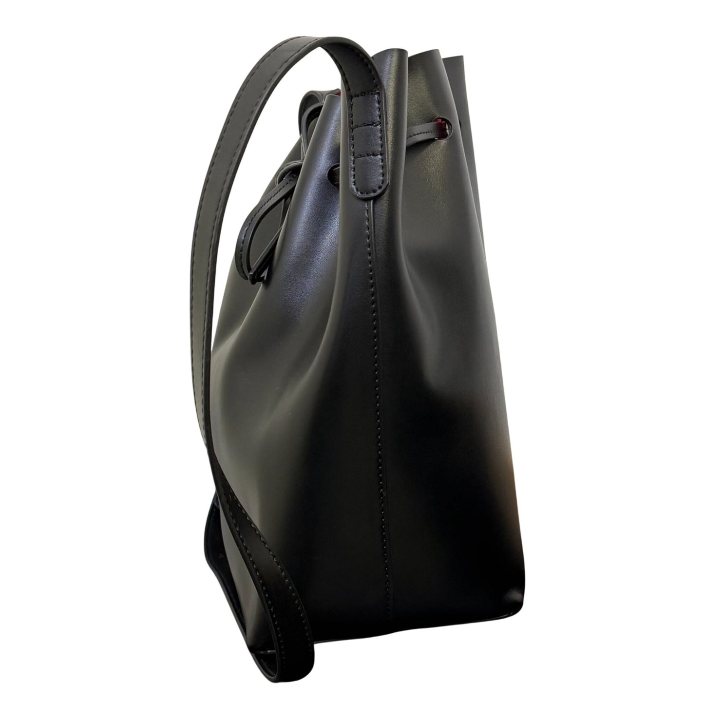 Mansur Gavriel Black Leather Bucket Bag With Red Interior Adjustable Shoulder Strap
