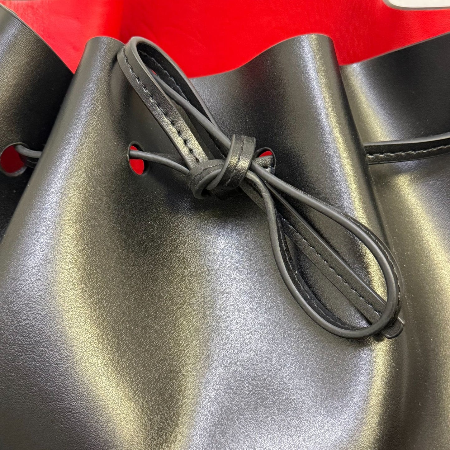 Mansur Gavriel Black Leather Bucket Bag With Red Interior Adjustable Shoulder Strap