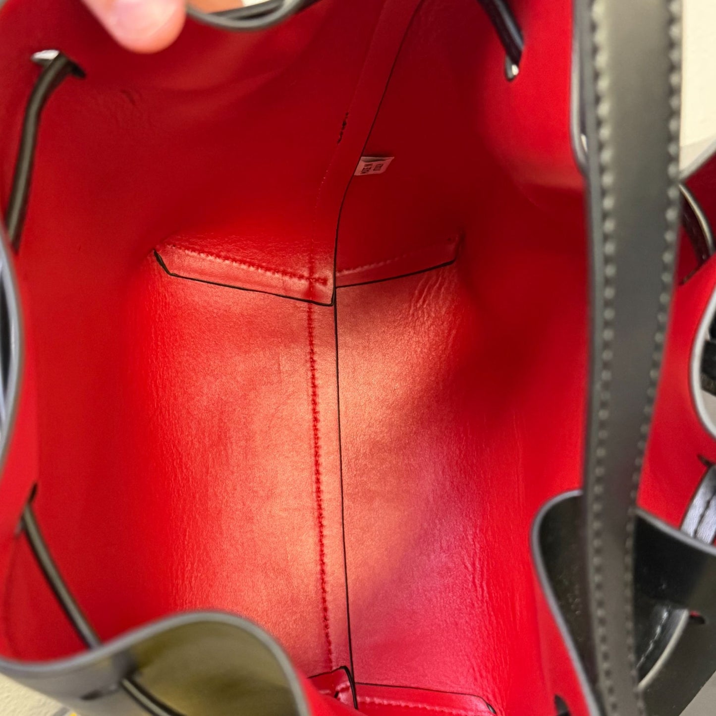 Mansur Gavriel Black Leather Bucket Bag With Red Interior Adjustable Shoulder Strap