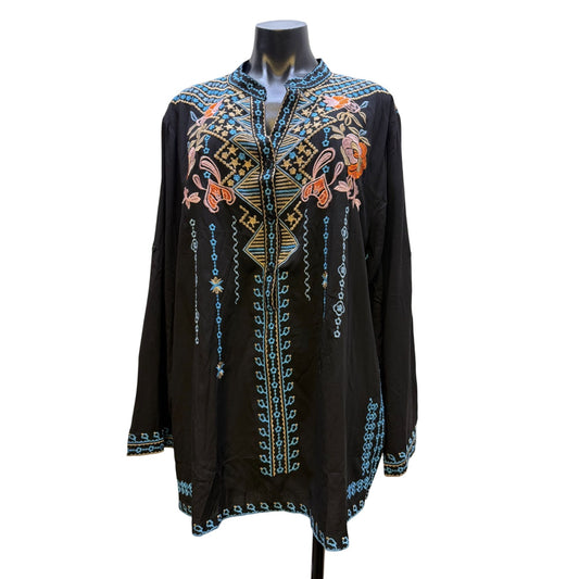 NWT Laura Klein Black Embroidered Tunic Top 3X Geometric & Floral Design Long Sleeve Boho