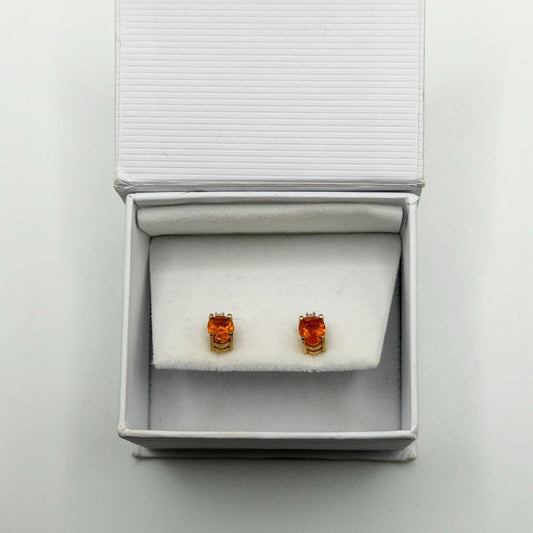 Natural Oval Fire Opal & Diamond Solid 14K Yellow Gold Stud Push Back Earrings
