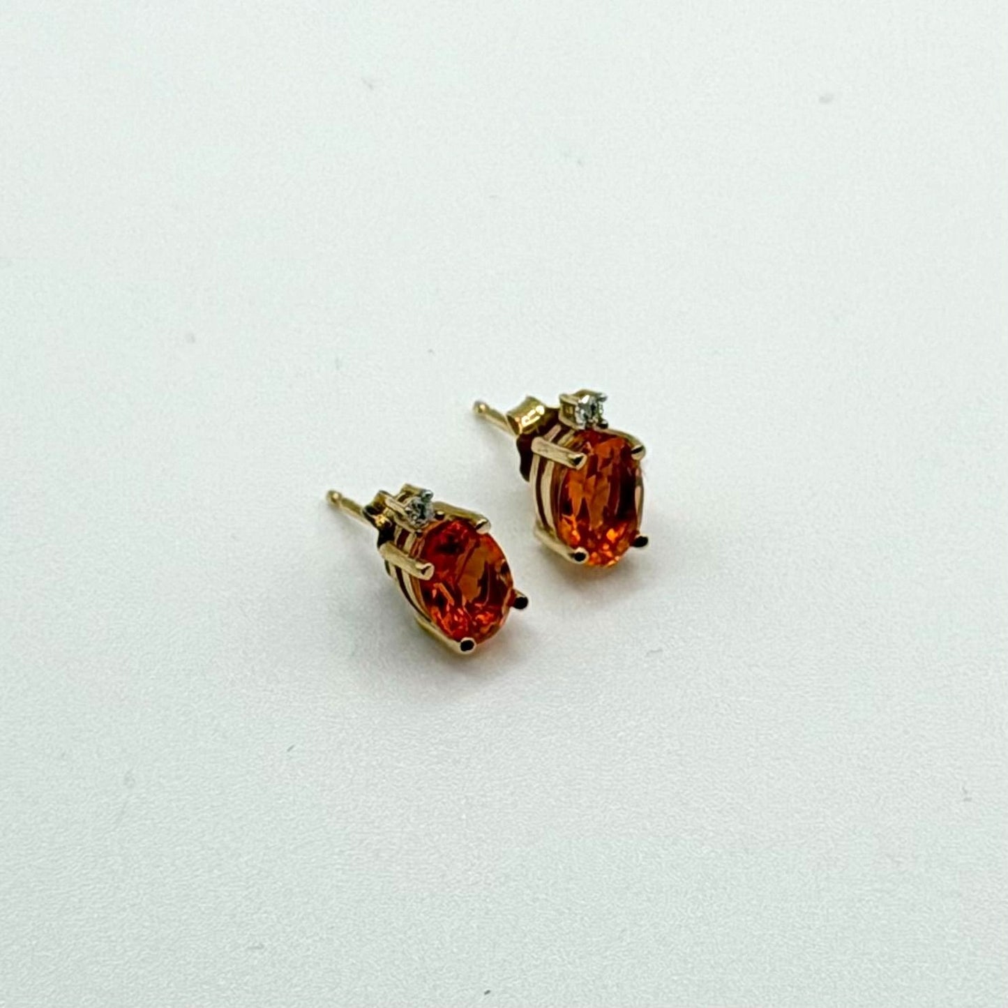 Natural Oval Citrine & Diamond Solid 14K Yellow Gold Stud Push Back Earrings