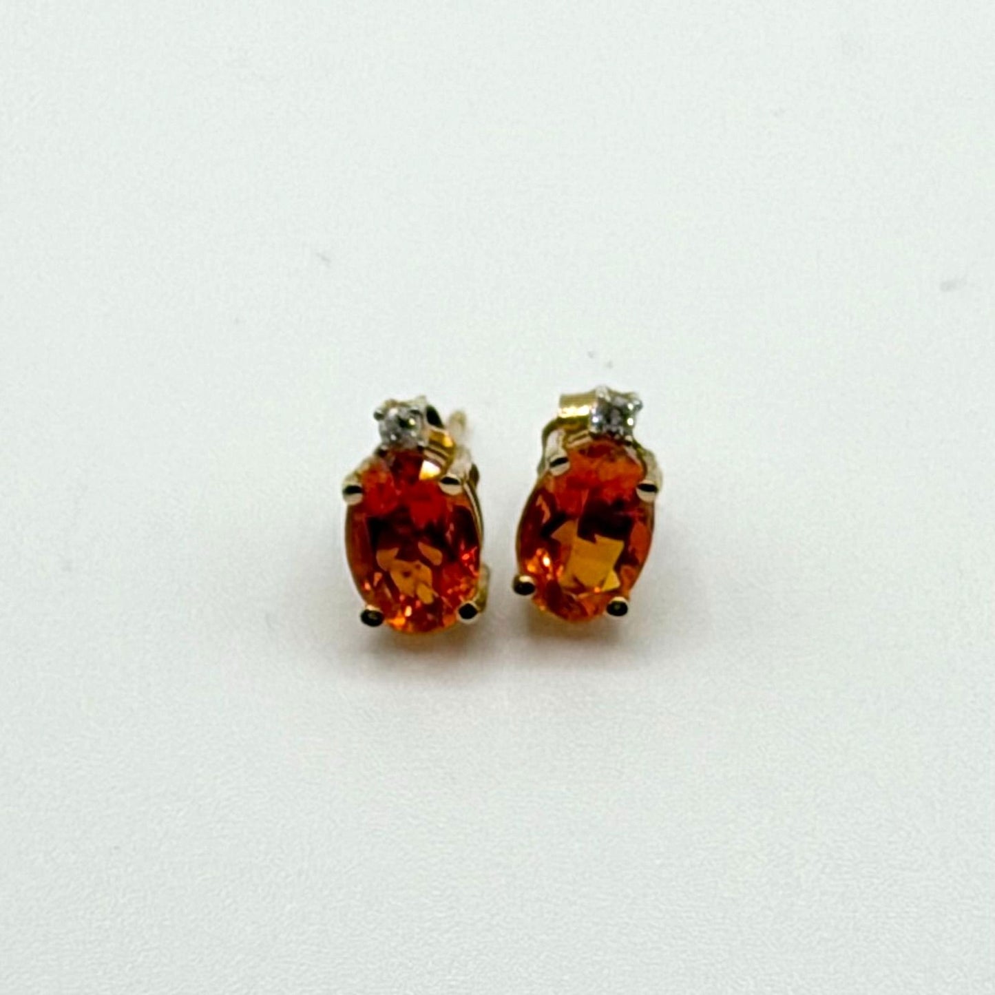Natural Oval Citrine & Diamond Solid 14K Yellow Gold Stud Push Back Earrings