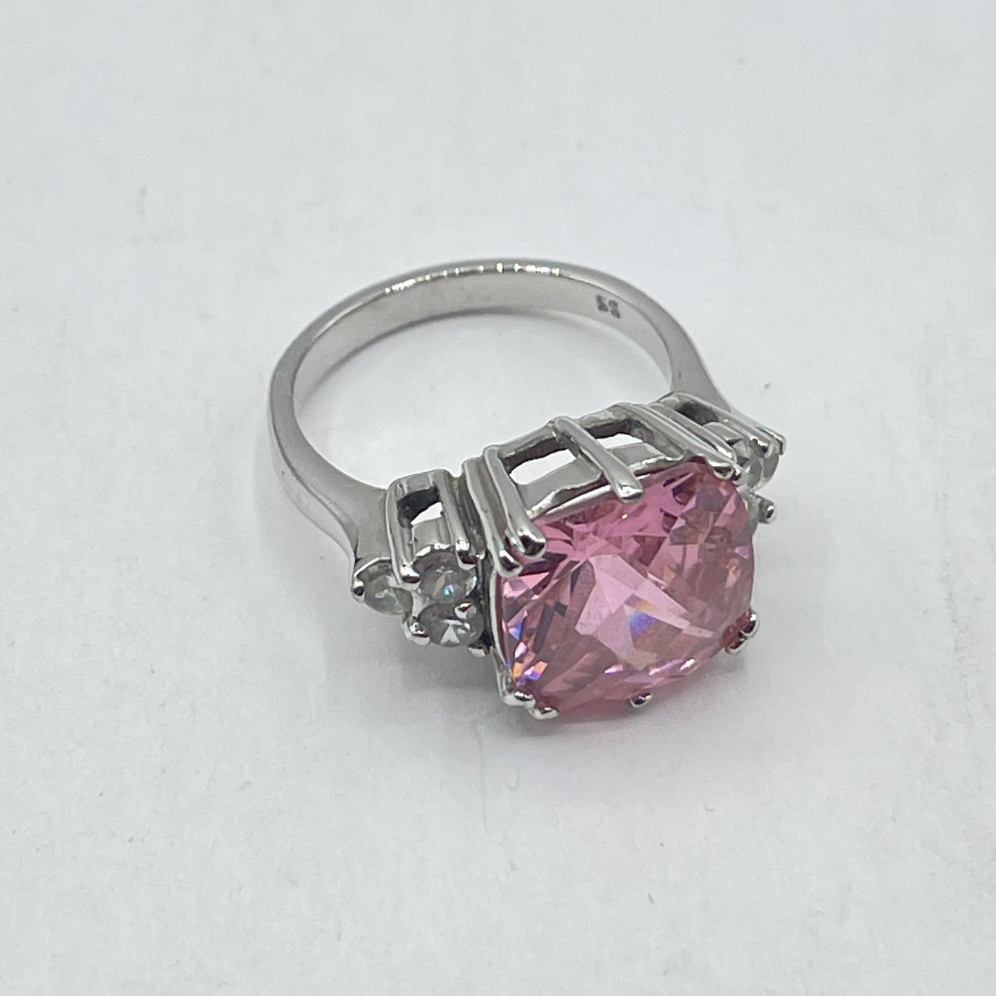 925 Silver Band Pink Cushion Cut Stone Ring With Clear Side Accents