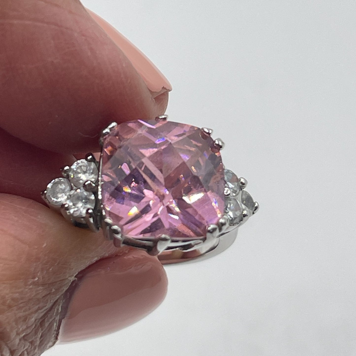 925 Silver Band Pink Cushion Cut Stone Ring With Clear Side Accents