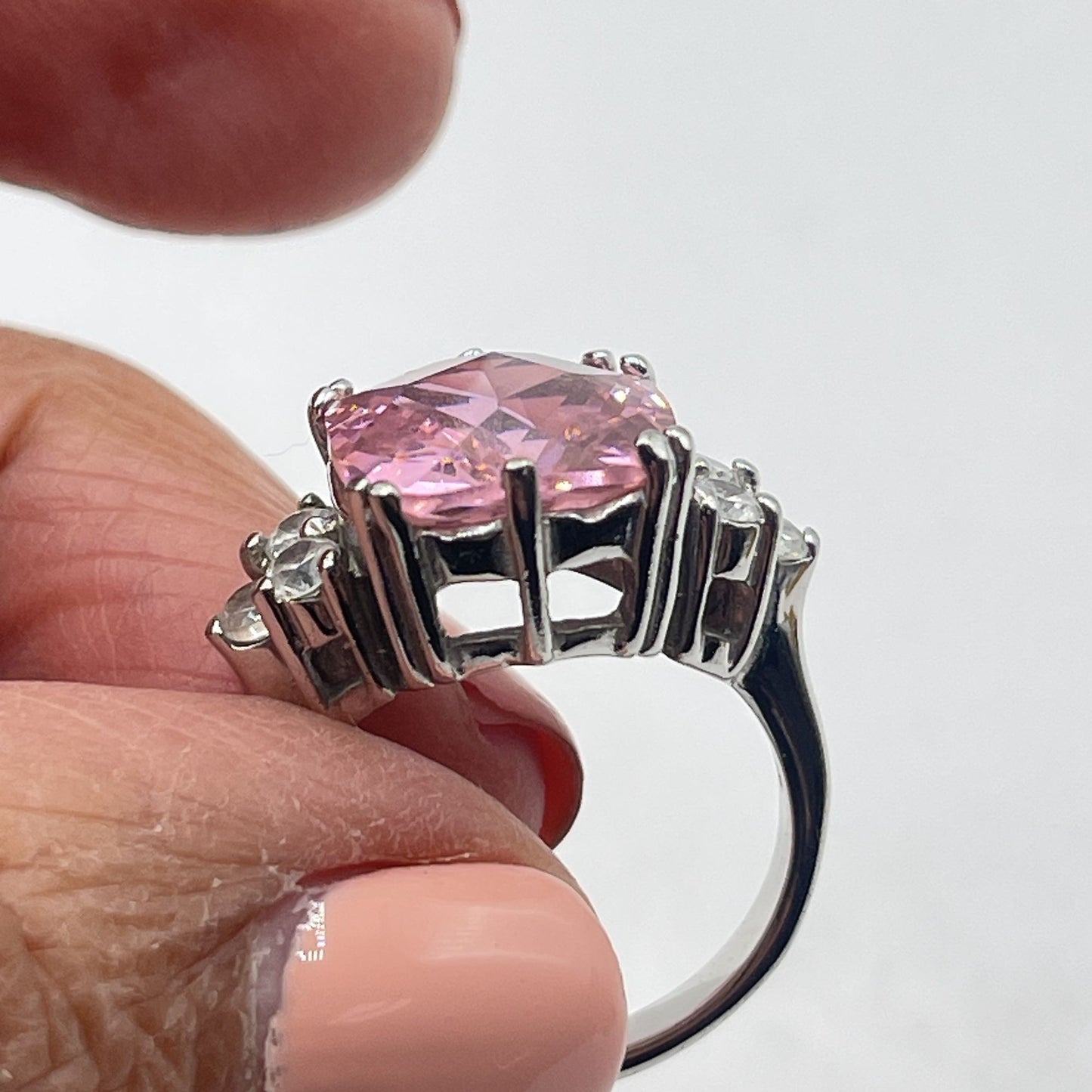 925 Silver Band Pink Cushion Cut Stone Ring With Clear Side Accents