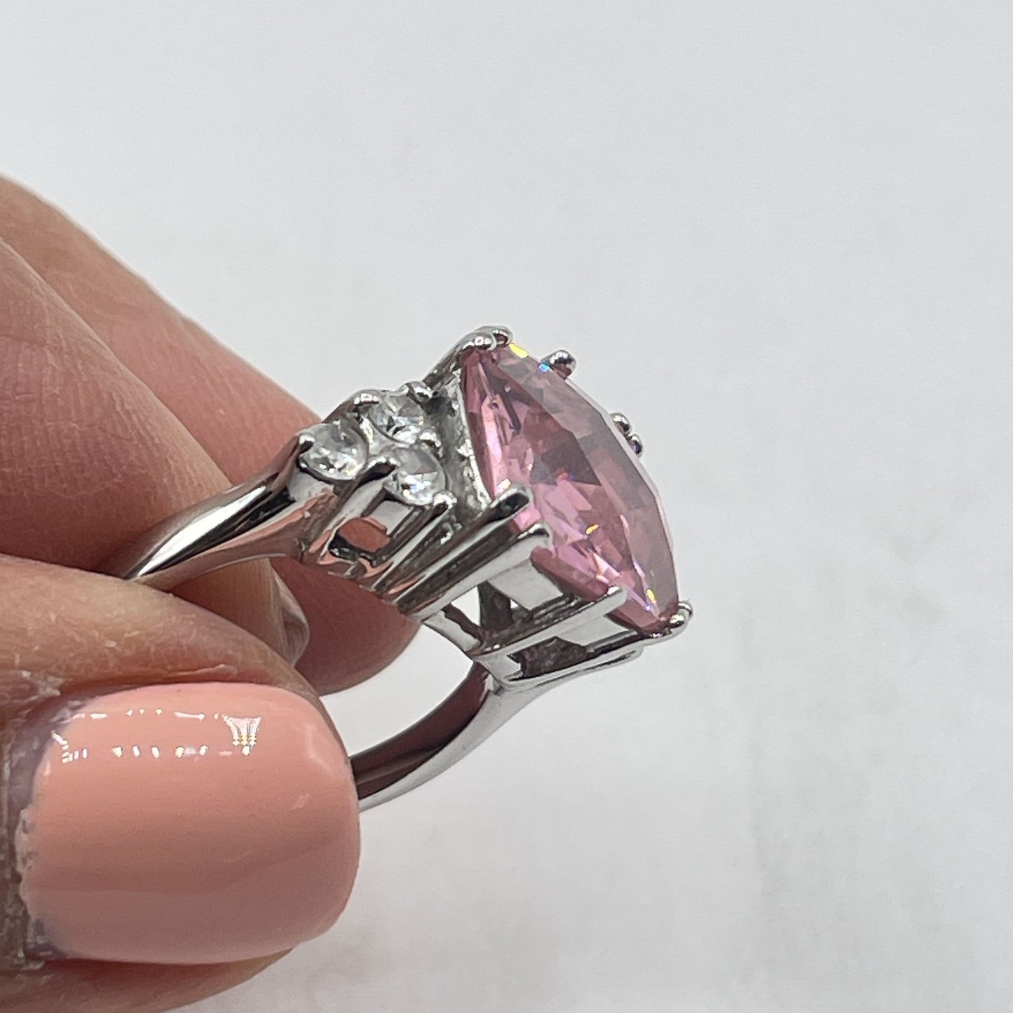 925 Silver Band Pink Cushion Cut Stone Ring With Clear Side Accents