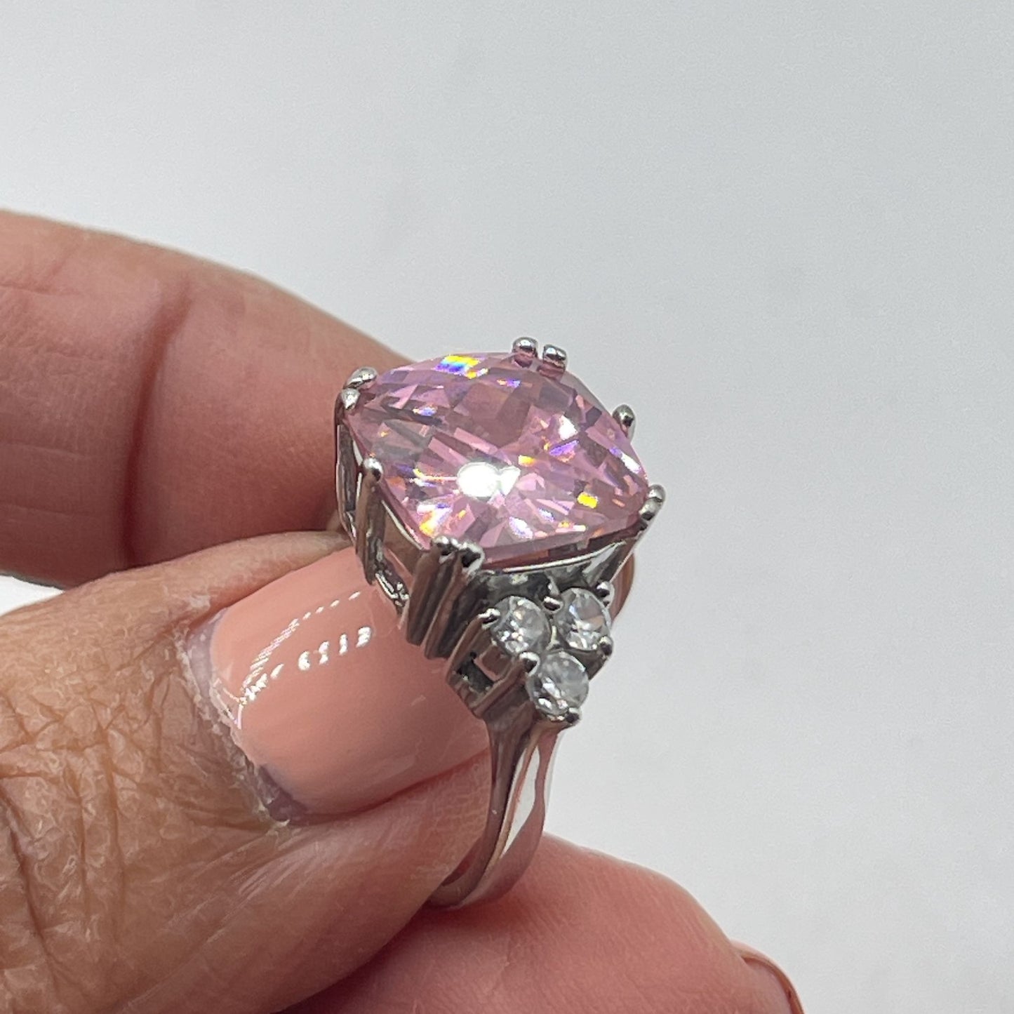 925 Silver Band Pink Cushion Cut Stone Ring With Clear Side Accents