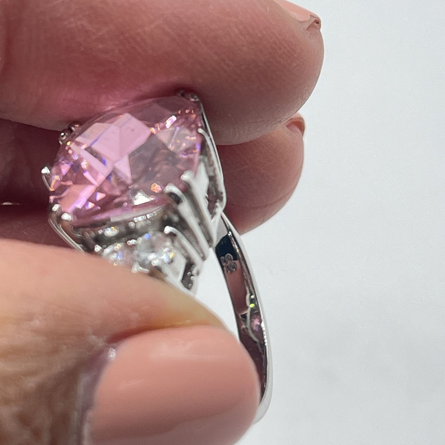 925 Silver Band Pink Cushion Cut Stone Ring With Clear Side Accents