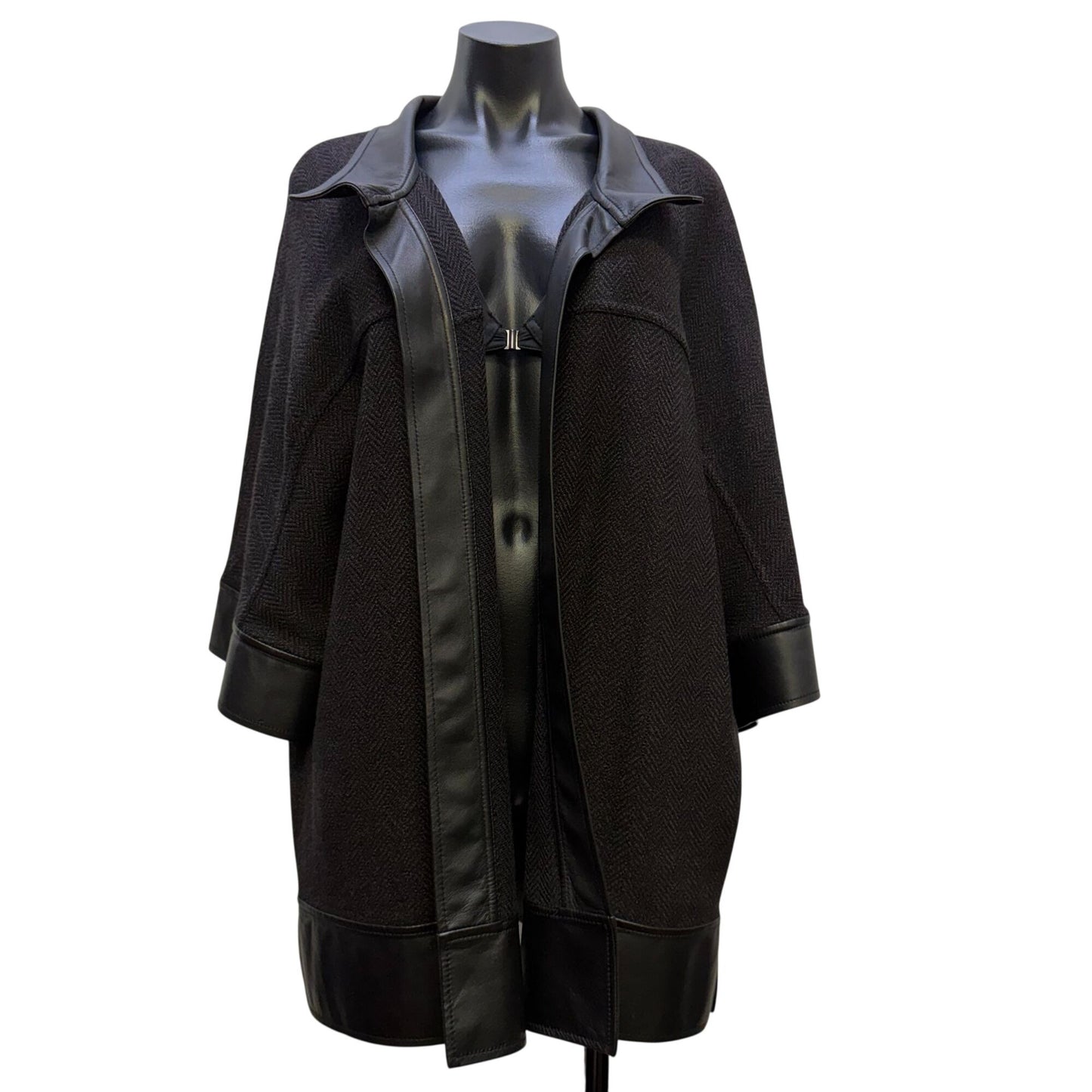 St. John Black Leather Trim Open Jacket M/L