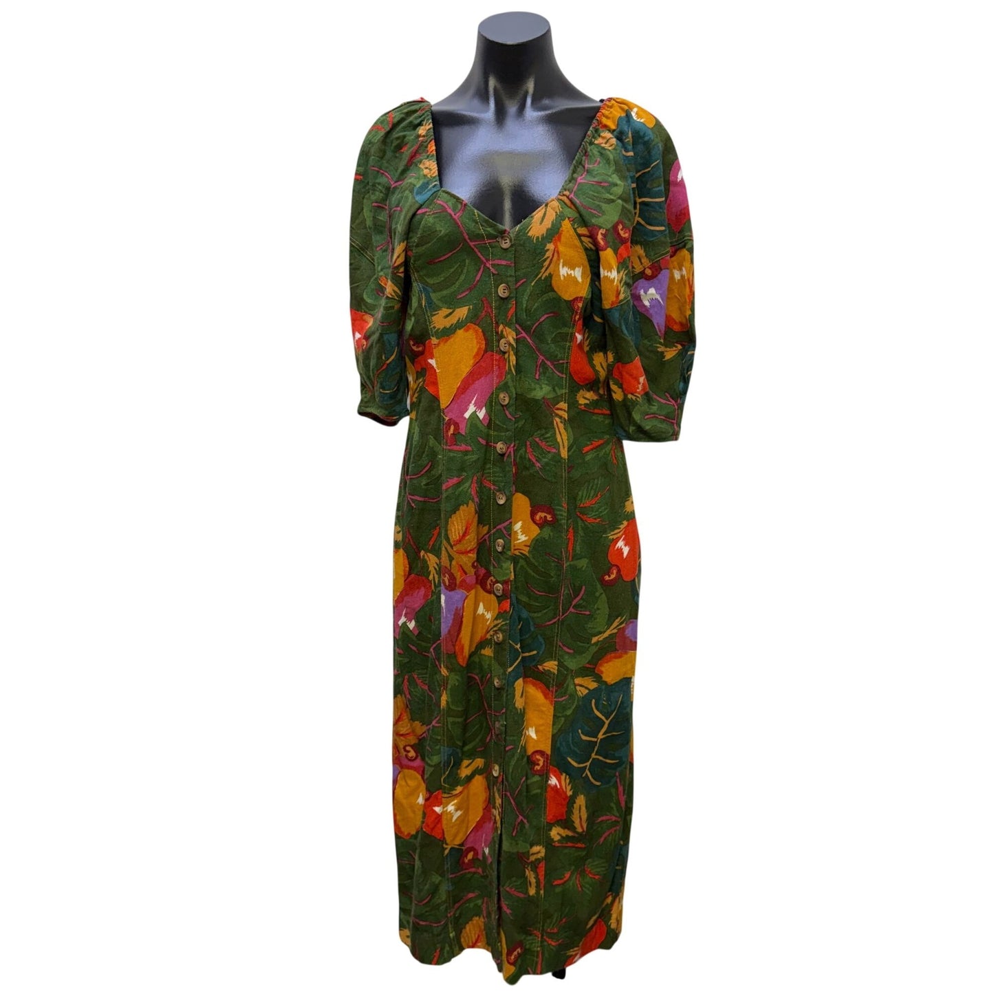 Farm Rio Linen Blend Button-Front Midi Dress Green & Orange Size S