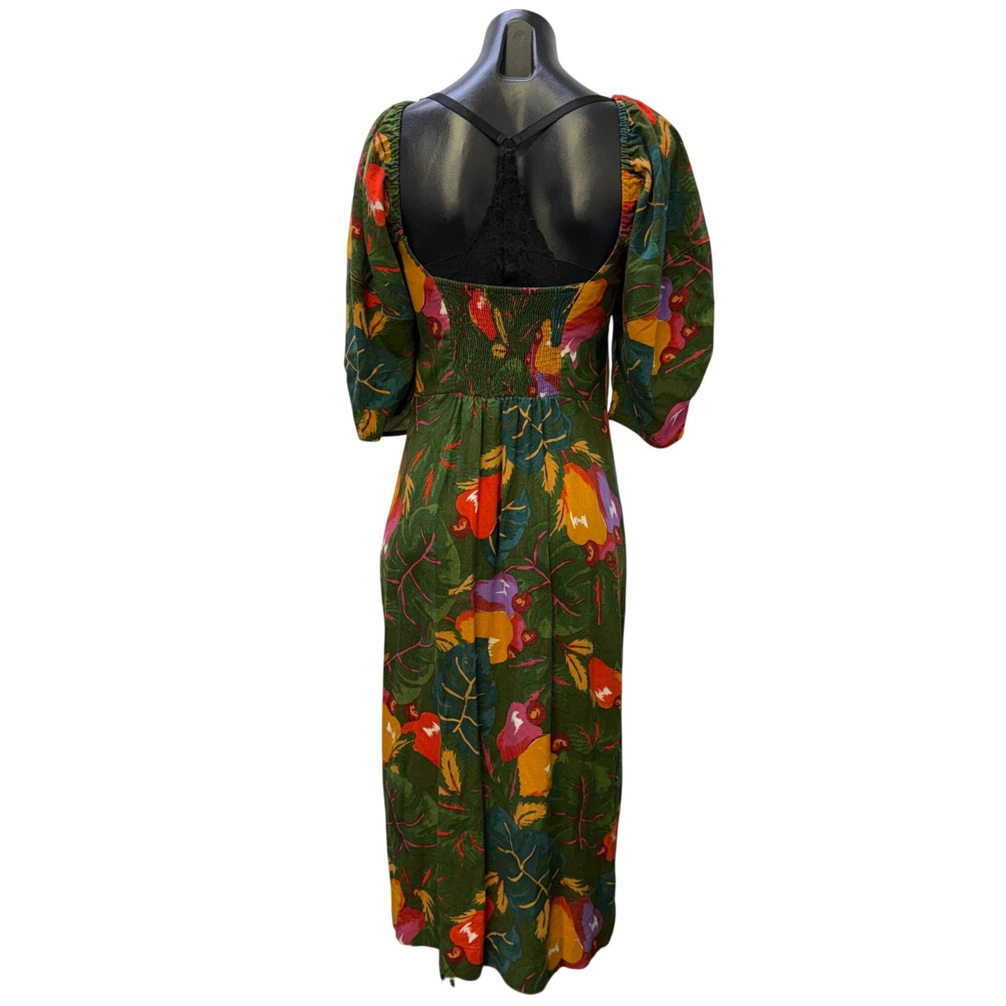 Farm Rio Linen Blend Button-Front Midi Dress Green & Orange Size S