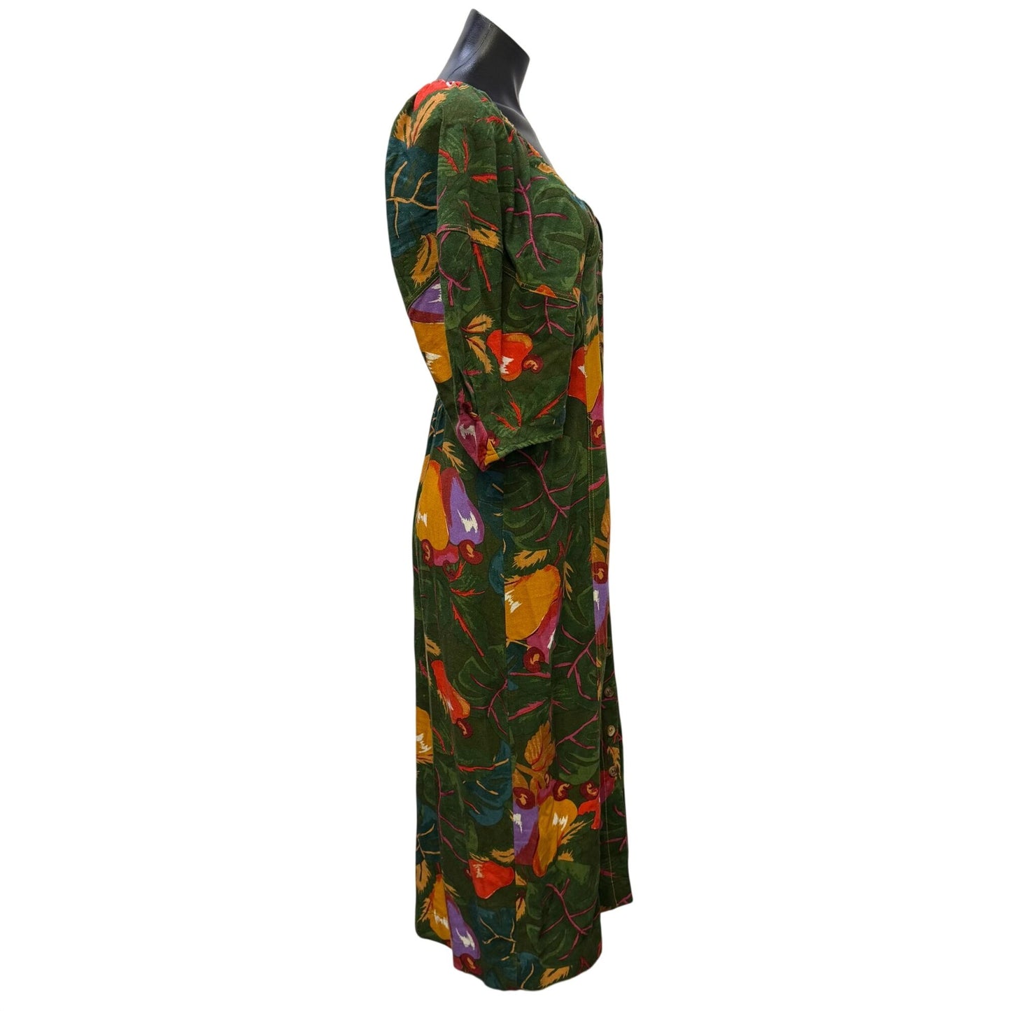 Farm Rio Linen Blend Button-Front Midi Dress Green & Orange Size S