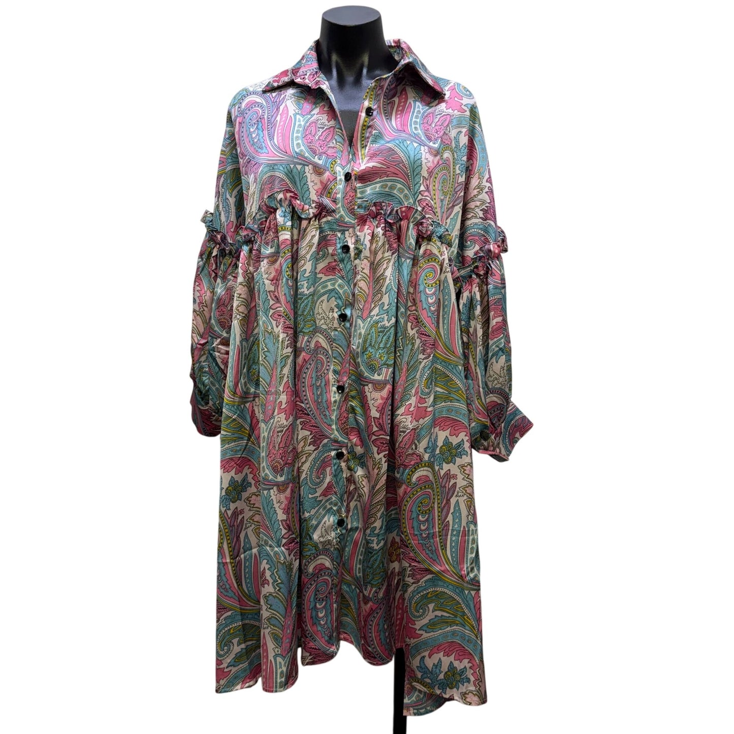 Beulah Style Paisley Print Button-Down Ruffle Dress Pink Blue OS