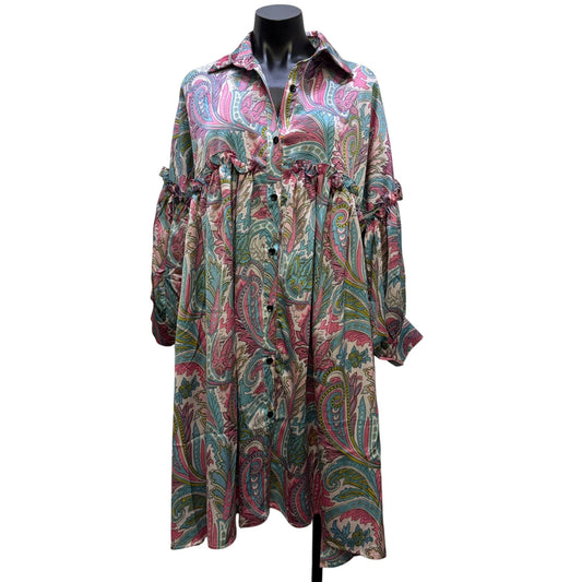 Beulah Style Paisley Print Button-Down Ruffle Dress Pink Blue OS