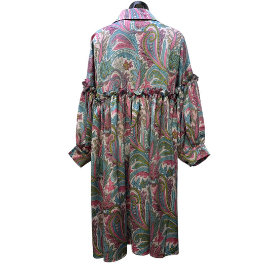 Beulah Style Paisley Print Button-Down Ruffle Dress Pink Blue OS