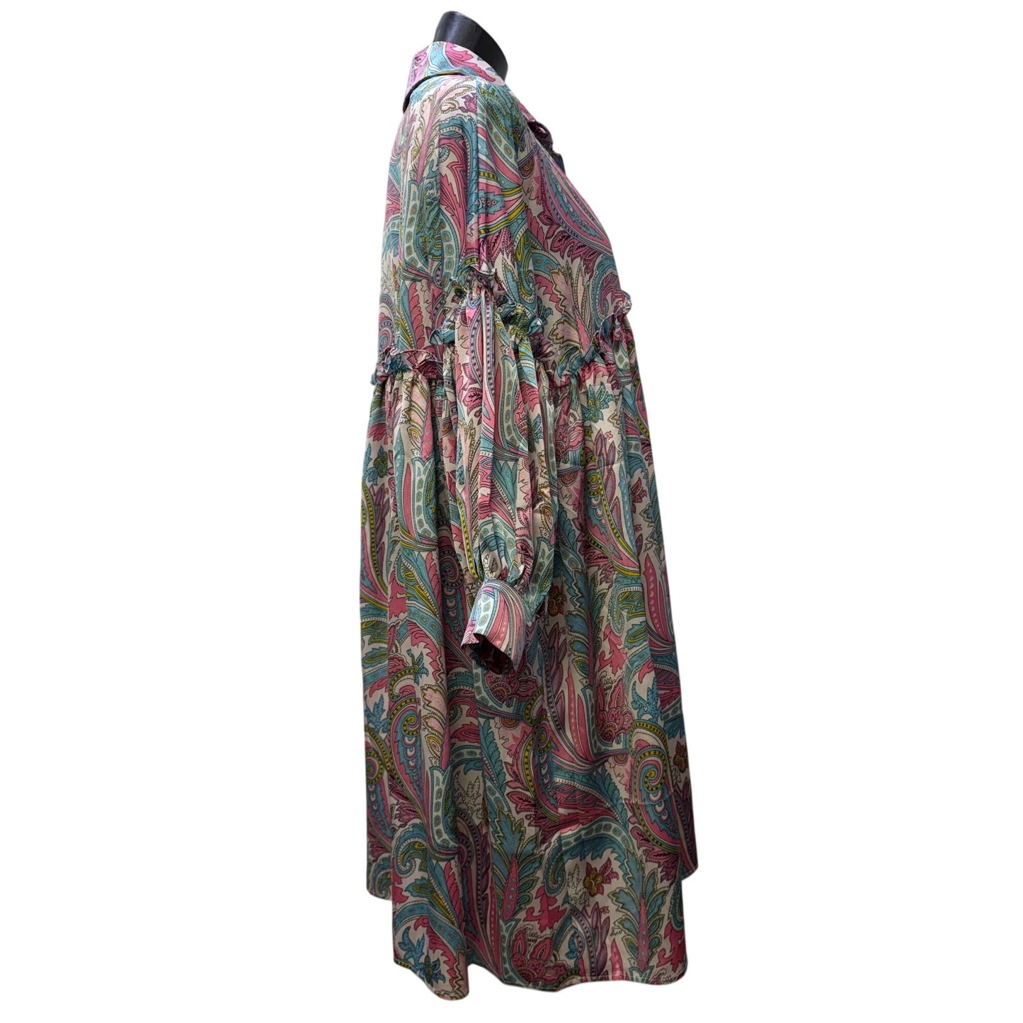 Beulah Style Paisley Print Button-Down Ruffle Dress Pink Blue OS