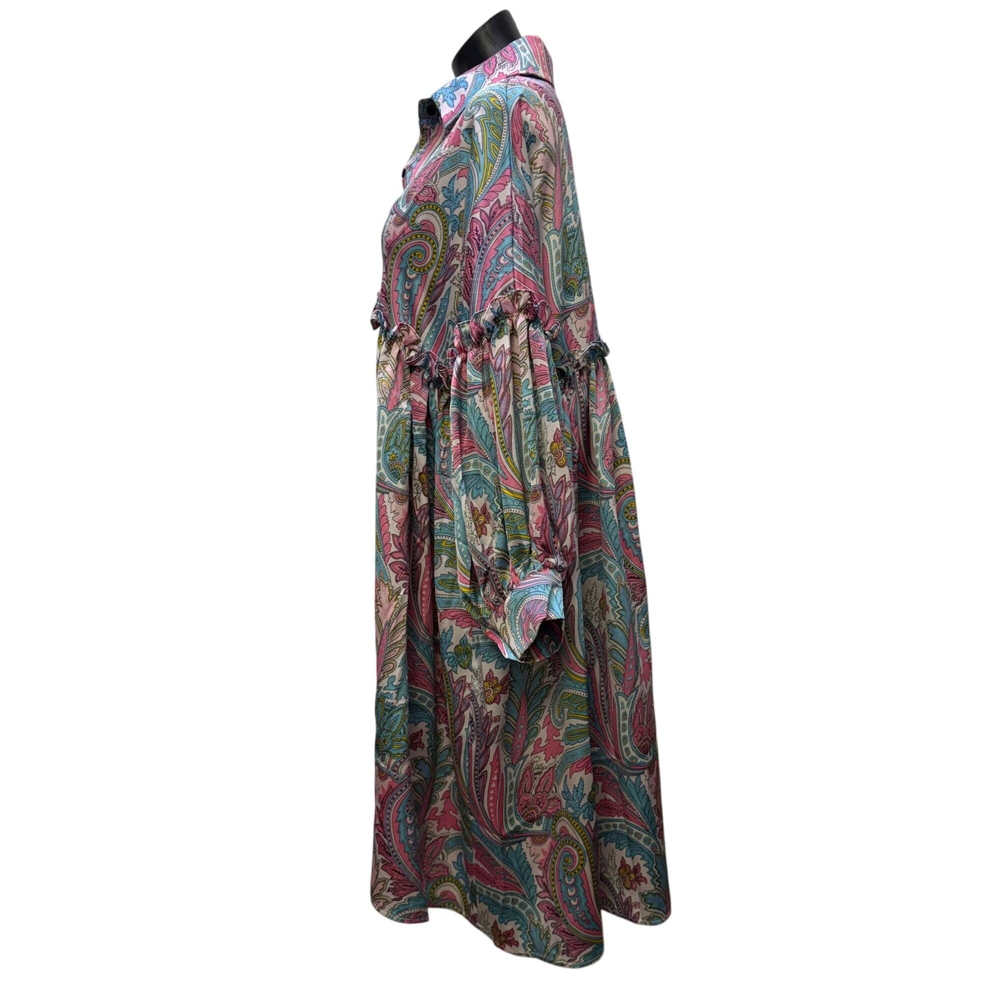 Beulah Style Paisley Print Button-Down Ruffle Dress Pink Blue OS