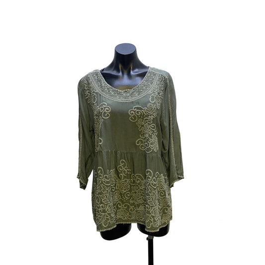 Johnny Was Boho Olive Green Embroidered Sheer Tunic Blouse Size M