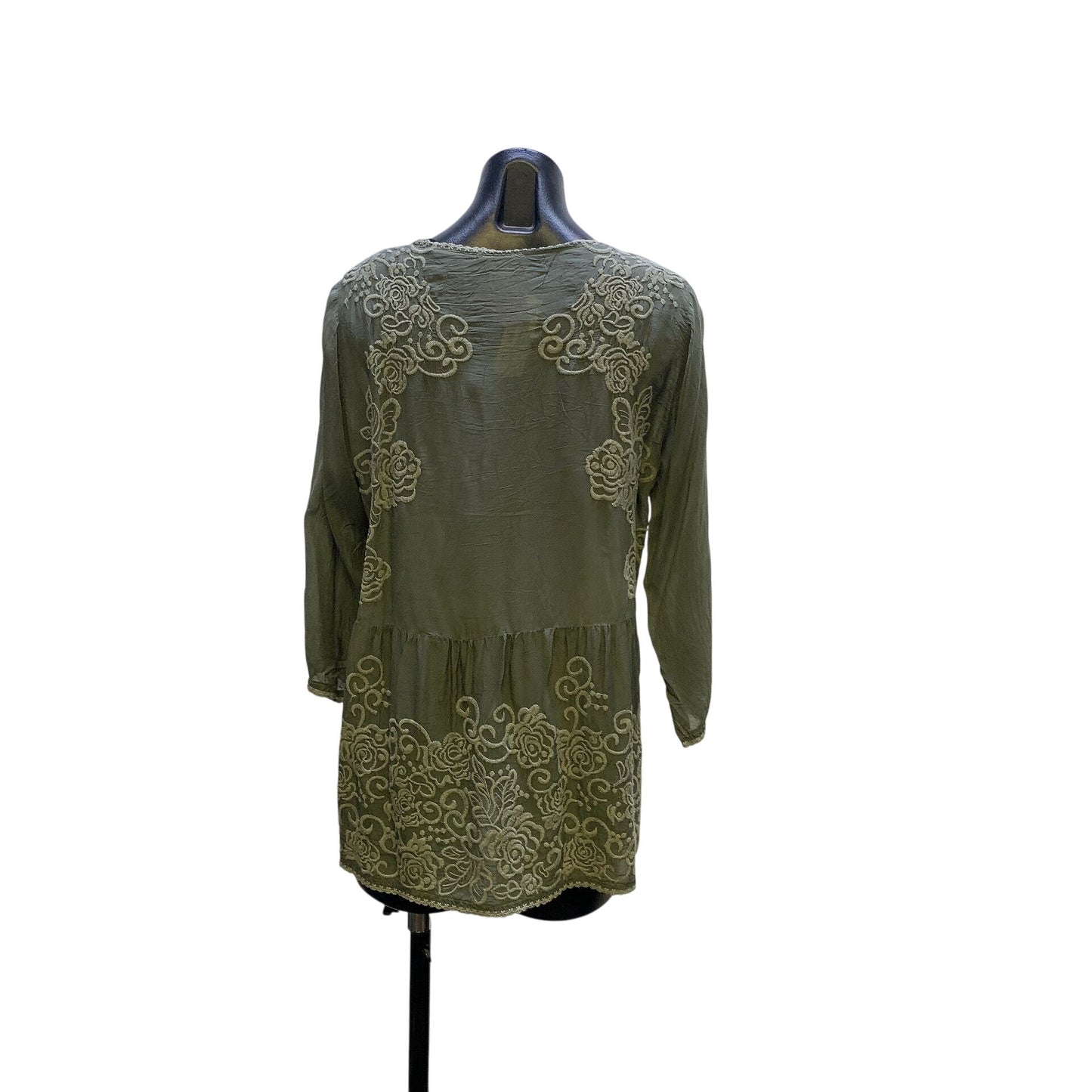Johnny Was Boho Olive Green Embroidered Sheer Tunic Blouse Size M