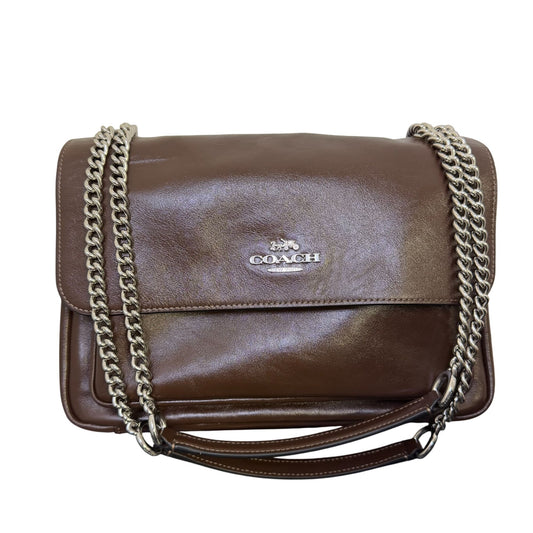 Coach Brown Leather Chain Shoulder Bag With Silver Hardware