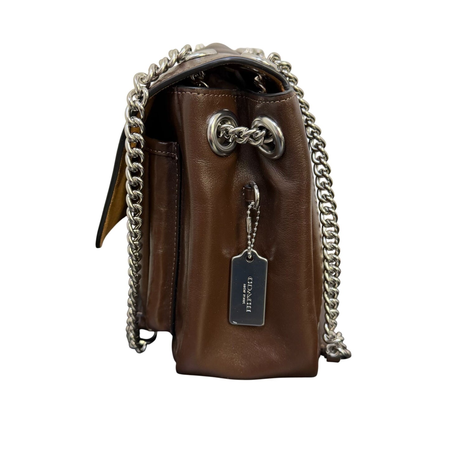 Coach Brown Leather Chain Shoulder Bag With Silver Hardware
