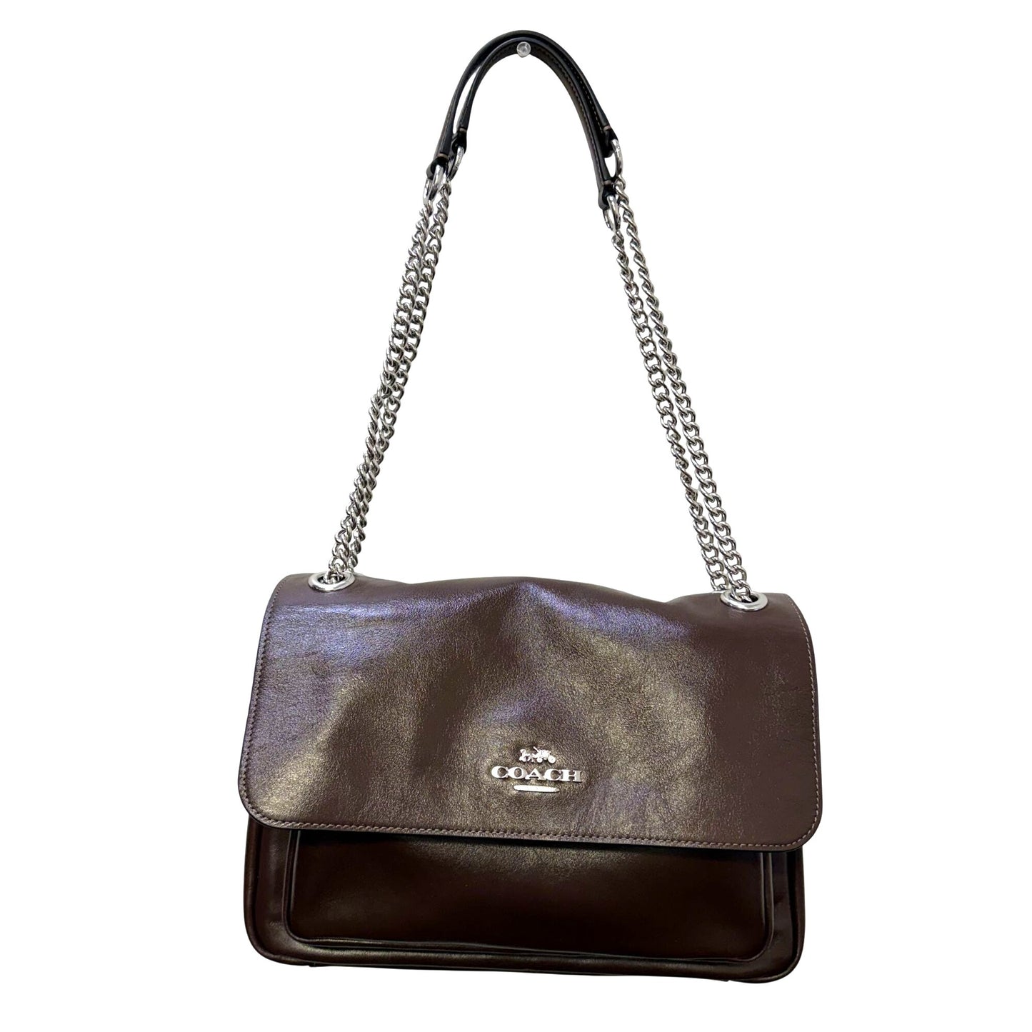 Coach Brown Leather Chain Shoulder Bag With Silver Hardware